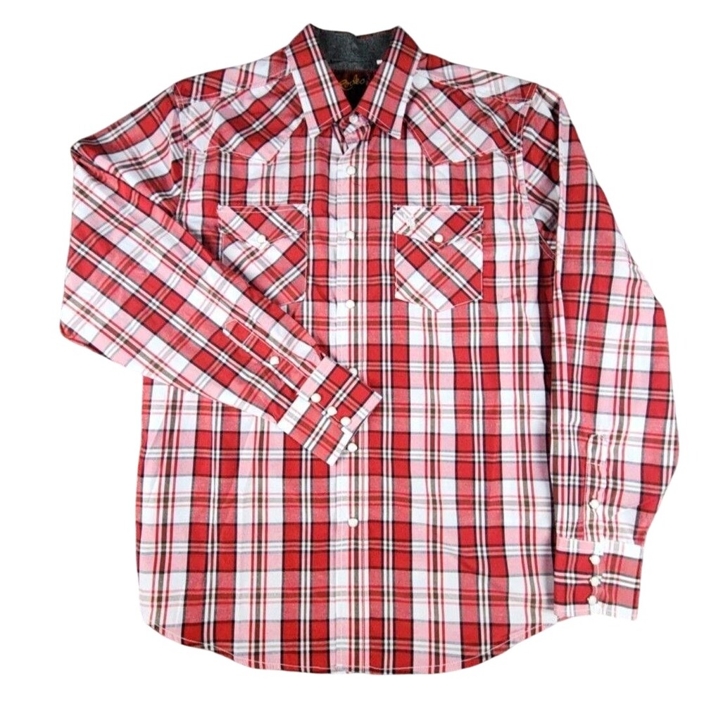 Rodeo Clothing Co Shirt Mens Medium Red Plaid Long Sleeve Snap Front Western